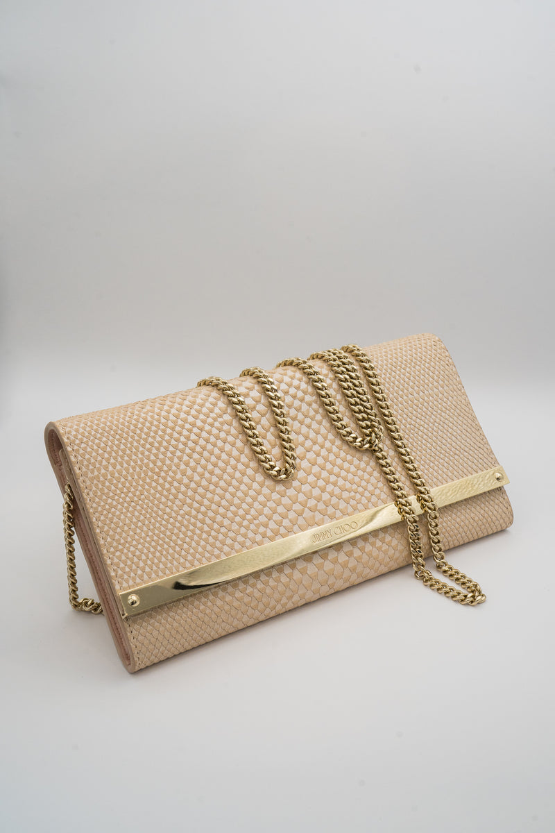Jimmy Choo Pink Iradescent Snakeskin Milla Chain Clutch Bag