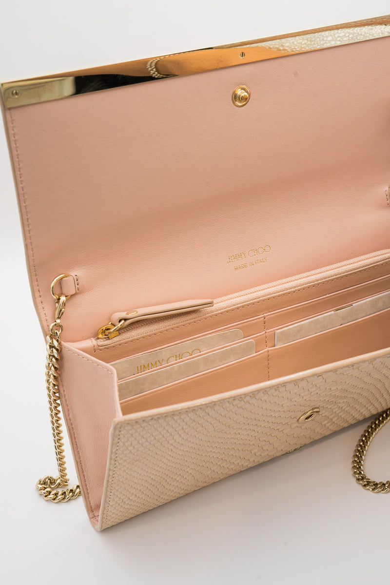 Jimmy Choo Pink Iradescent Snakeskin Milla Chain Clutch Bag