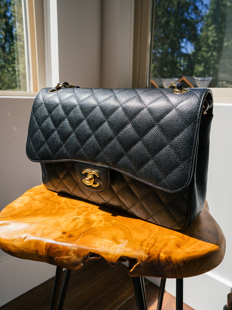 Chanel Black Quilted Caviar Jumbo Double Flap