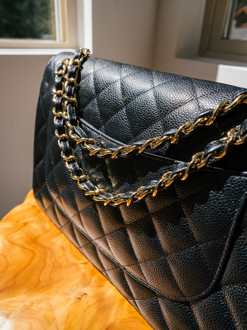 Chanel Black Quilted Caviar Jumbo Double Flap