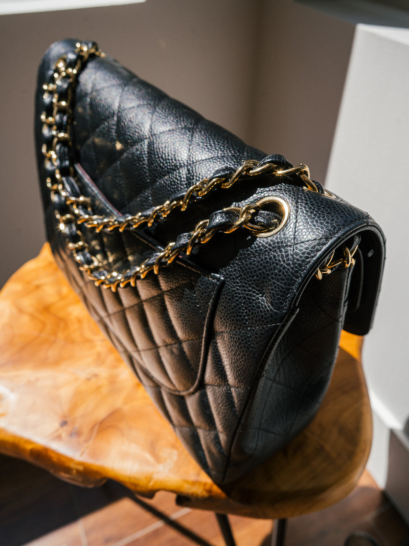 Chanel Black Quilted Caviar Jumbo Double Flap
